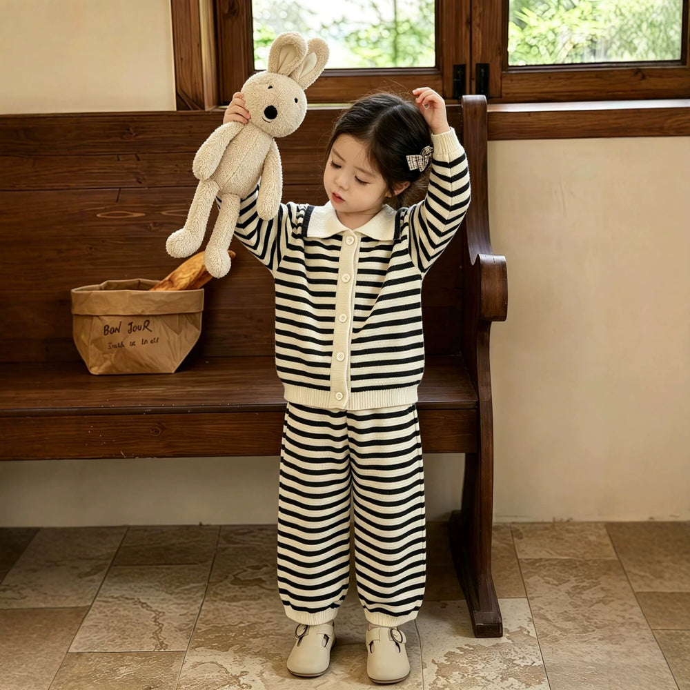 Girls' knitted sweater two-piece set - new autumn/winter collection - striped pants outfit for baby girls