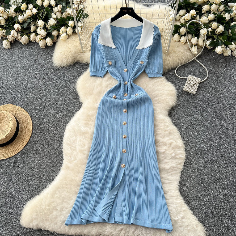 Frenchretrocontrast color lapel short sleeve metal button silmdress women's waist slimmingelegant slit knitting skirt