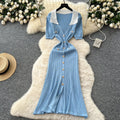 Frenchretrocontrast color lapel short sleeve metal button silmdress women's waist slimmingelegant slit knitting skirt