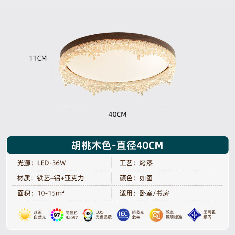 New chinoiserie walnut frame crystal water drop round led ceiling light accessible luxury bedroom master bedroom living room study