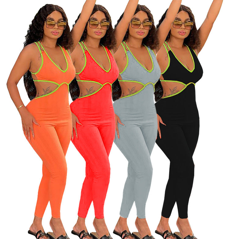 Fashionexport women's clothing  cross-border supply summer hot-selling fashion sexy suspender pit strip pure color jumpsuit