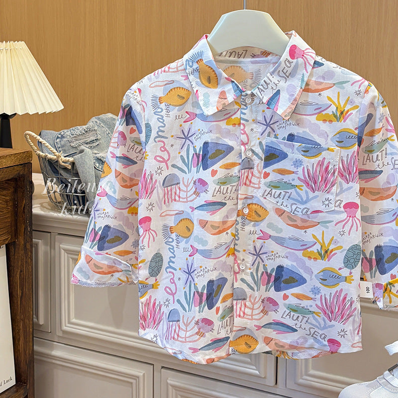 Spring & fallnew arrivalshirtpure cottonkids cartoon all-over printed shirtlong sleevescomfortablecasualboy stylenew arrival