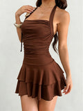 summer cross-border pure desire hot girl halter dress pleated waist lotus silm short a-line slimming look short skirt
