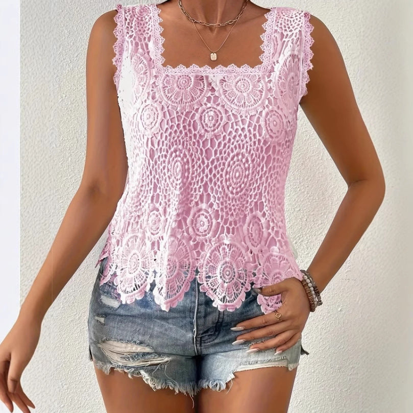 Women's elegant square neck lace cutout sleeveless top - breathable summer blouse solid color fashion vest european and american style