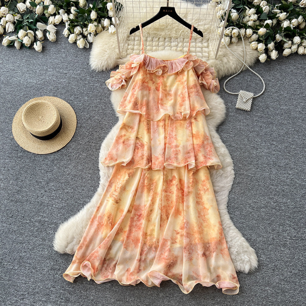 French riviera style printed cami dress - women's summer ruffle tiered dress - stunning and unique design