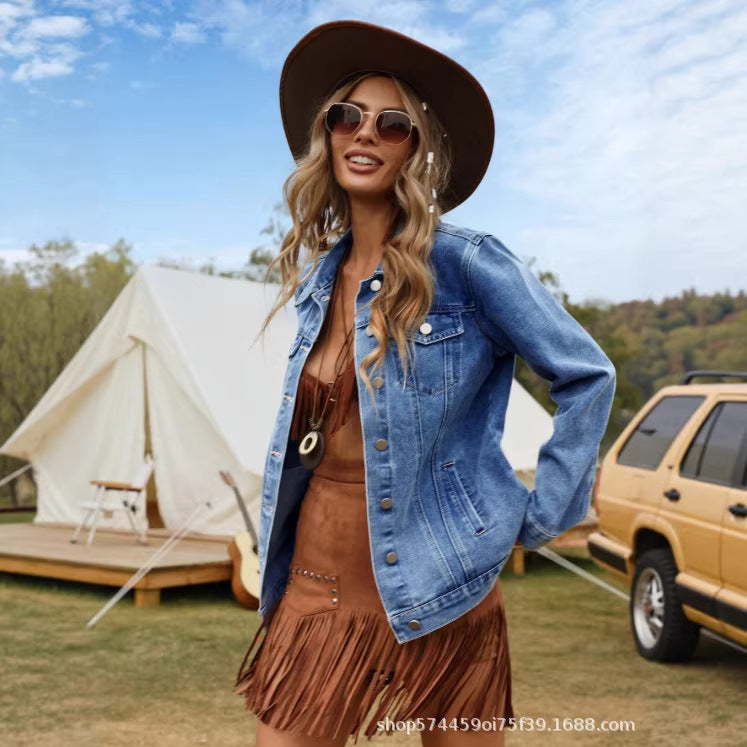 Amazon tiktok pinduoduo export cross-border american retro denim outwear women's classic lapel easiest for match jacket