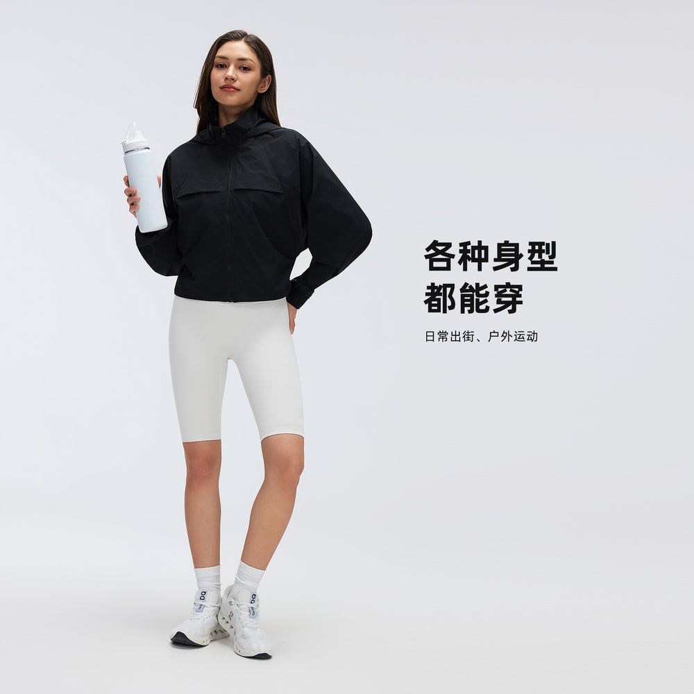 Women's outdoor hooded water-resistant jacket - short, versatile, loose fit, quick-drying, breathable, zip-up sports jacket d26036