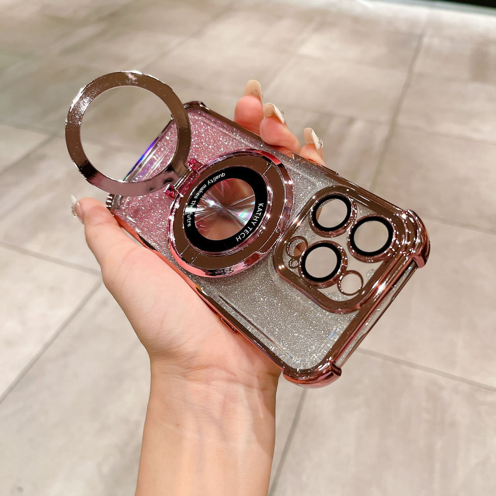 Suitable for iphone17pro electroplated four-corner lens film mobile phone case apple 15 glitter magnetic holder protective cover