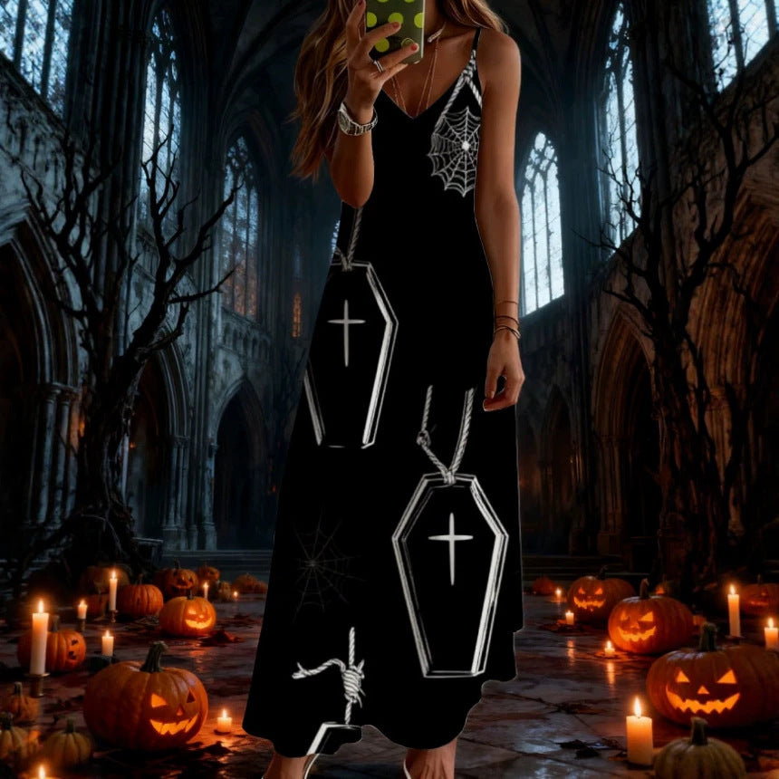 halloween pattern printing longdressv neckloose vacation suspender skirt