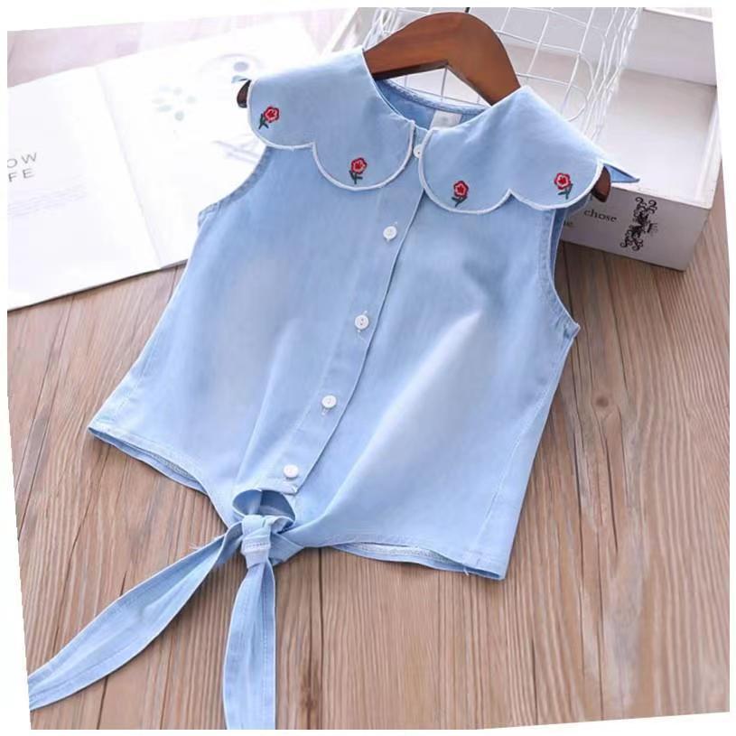 Summer new girls' denim embroidered turn-down collar top + princess mesh skirt two-piece set - direct from the manufacturer