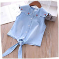 Summer new girls' denim embroidered turn-down collar top + princess mesh skirt two-piece set - direct from the manufacturer