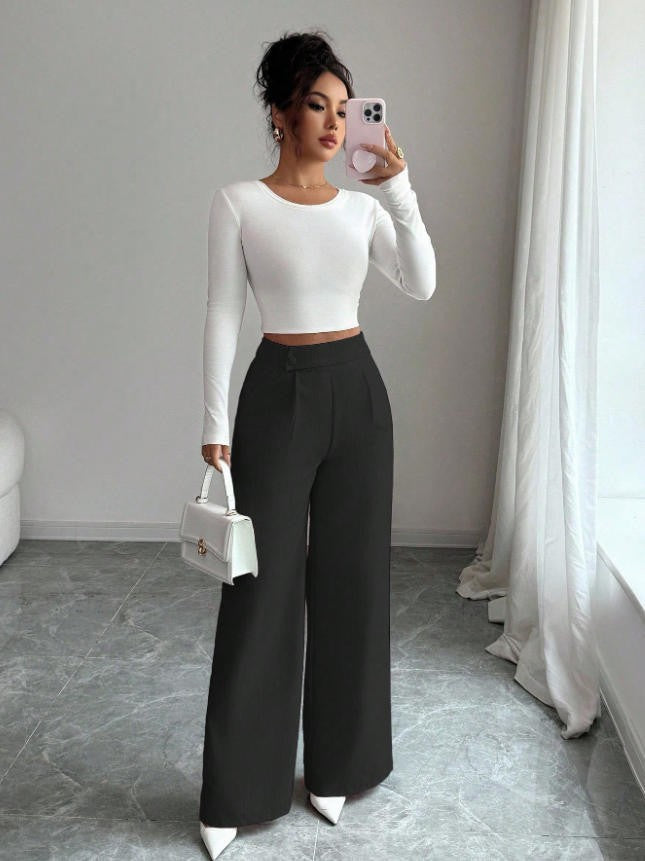 spring/summer new arrival: women's pink high-waisted trousers with button-decorated waist patch – elegant, casual, and versatile