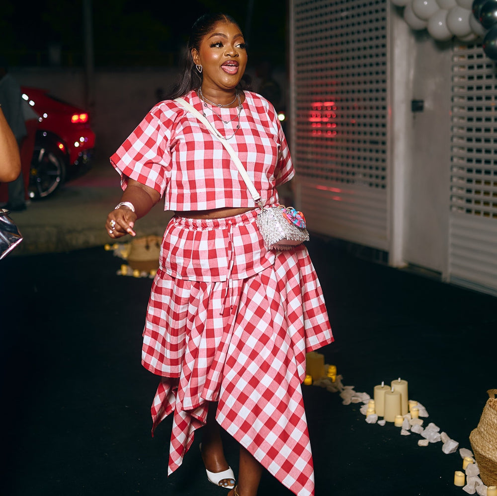 European and american cross-border women's fashion:  summer new collection - stylish round neck plaid cropped top and asymmetrical midi skirt set
