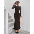 fashionautumelegancesilm round neck bell sleeves fishtail skirt ruffleslongdress