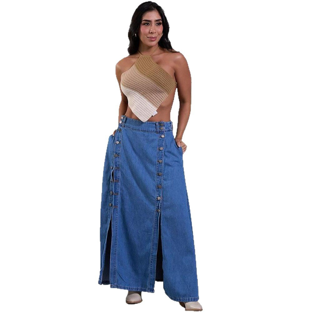 European and american style casual high-waisted denim skirt - new  cross-border women's fashion - side button closure, washed denim midi skirt