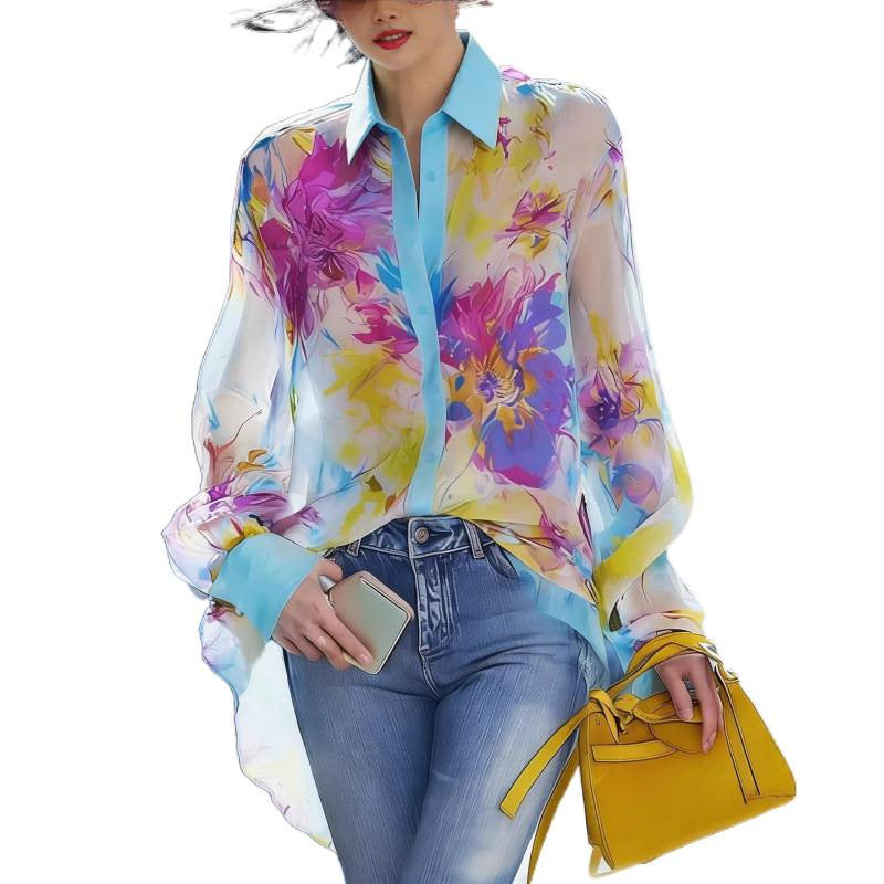Amazon vacation style floral print polo shirt women's summer new slimming elegant long sleeve top