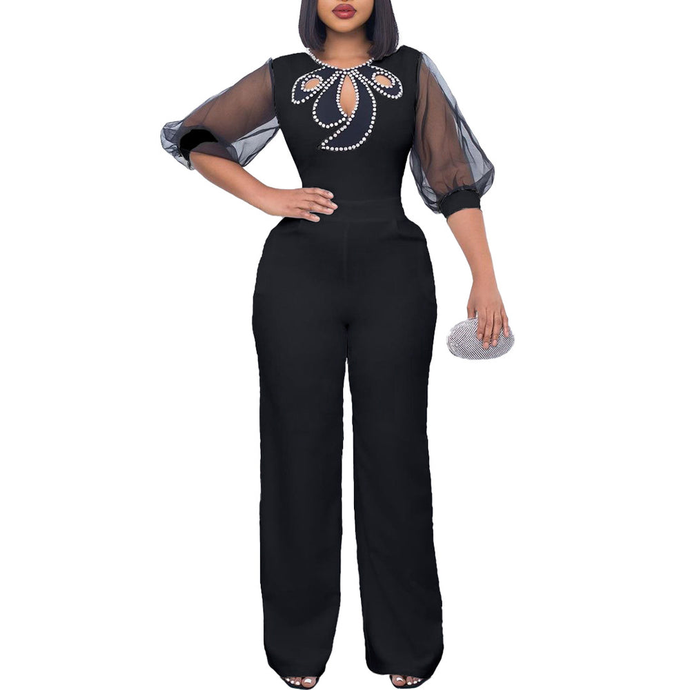 D3183 women's foreign trade summer  short-sleeve puff sleeve beaded sexy wide-leg cinched waist plus size cross-border jumpsuit