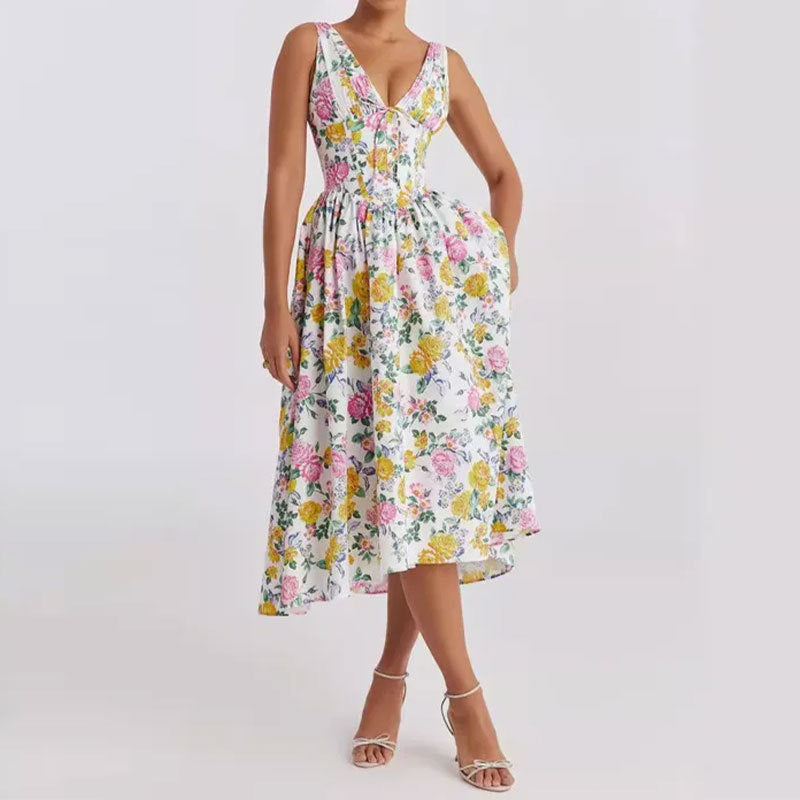cross-border e-commerce women's fashion: european and american summer new arrivals - elegant v-neck camisole waist-cinching maxi dress
