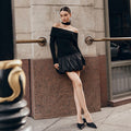 autumn european and american style women's chic fashion off-the-shoulder one-shoulder long sleeve patchwork short puffy dress
