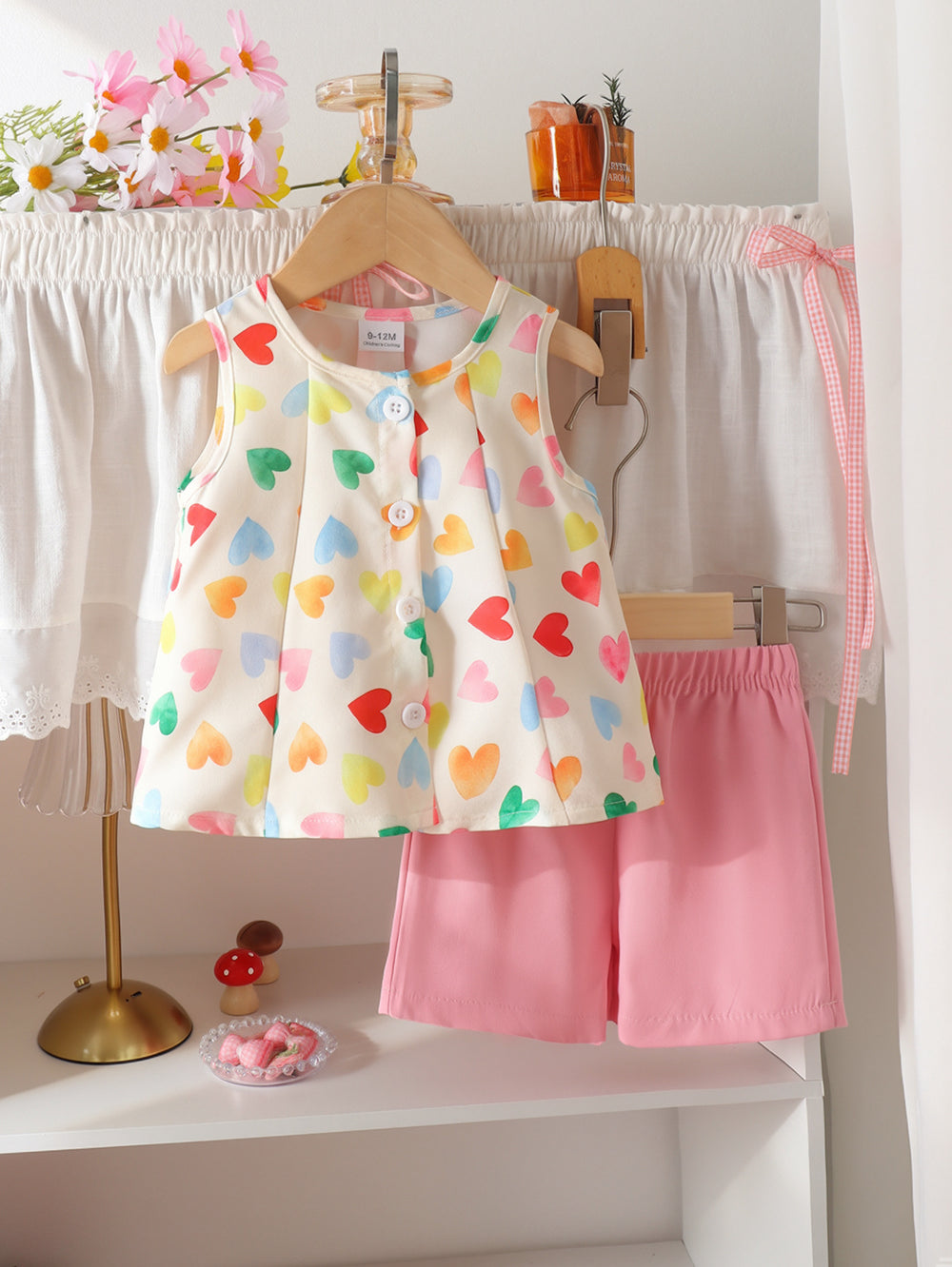 Children's clothing cross-border european and american girls heart pattern sleeveless tops + pink shorts