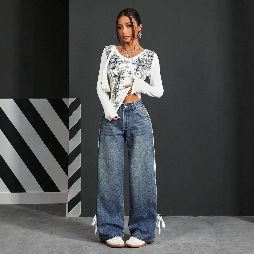 Fashion style side webbing strap wide leg jeans women's high waistloosestraight-legdrapedmoppants