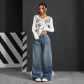 Fashion style side webbing strap wide leg jeans women's high waistloosestraight-legdrapedmoppants