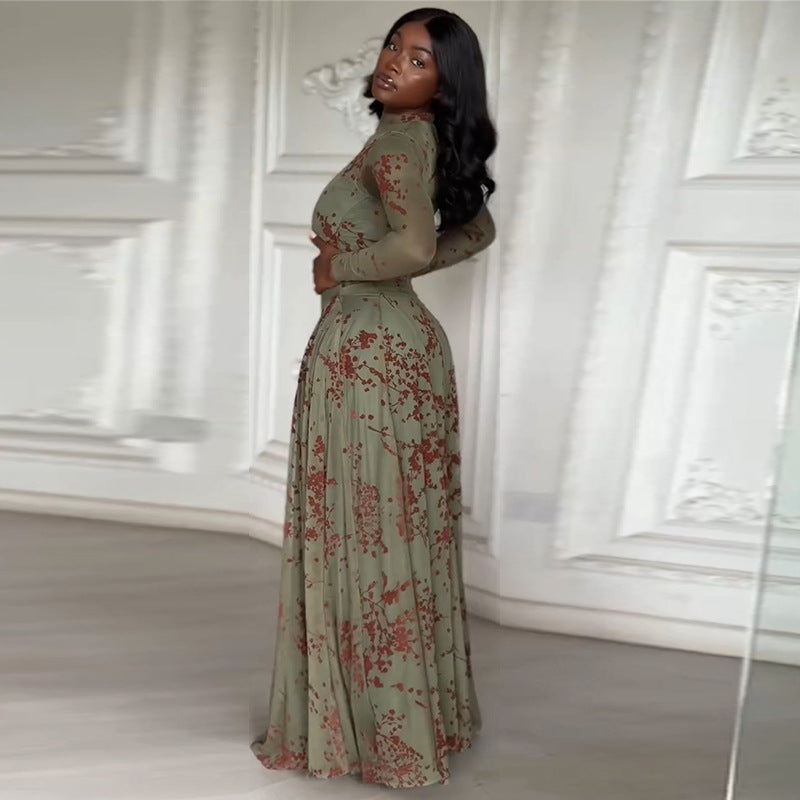 European and american women's clothing  autumn new collection: sweet and fresh printed mock neck long sleeve high-waisted slimming a-line dress