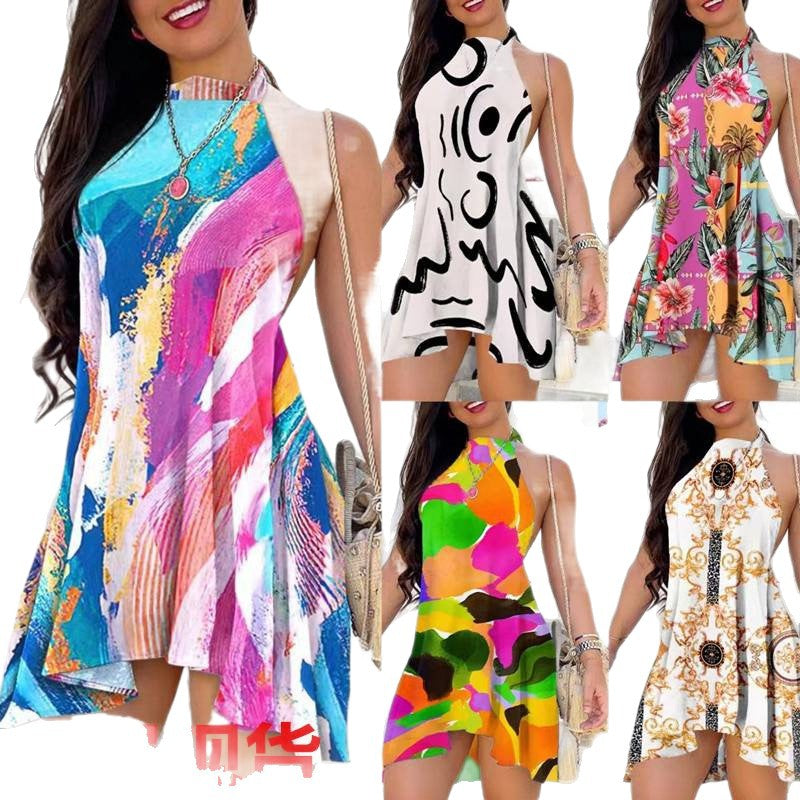 european and american cross-border new women's fashion independent website ladies' trendy printed backless tie-up dress