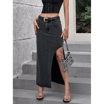 Pre-sale-20597# cross-border foreign trade women's fashion european and american ins fashion high waist slit denim skirt
