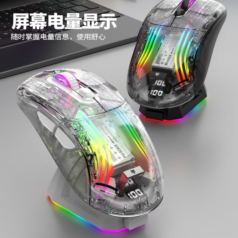 Dazzling silver fox xyh20pro wireless bluetooth tri-mode transparent gaming mouse with charging dock and screen – cross-border rechargeable