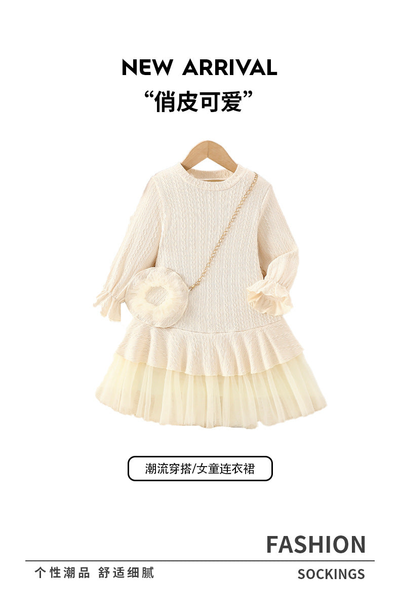 autumn girls' knitted dress with tulle lace trim, off-white, cute baby girl long-sleeve crew neck dress