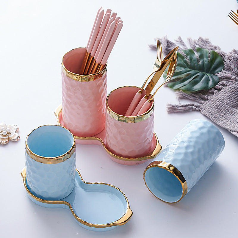 Hammer pattern creative ceramic chopstick cage drain tableware knife fork spoon chopsticks kitchen storage tube for home drain chopstick tube wholesale
