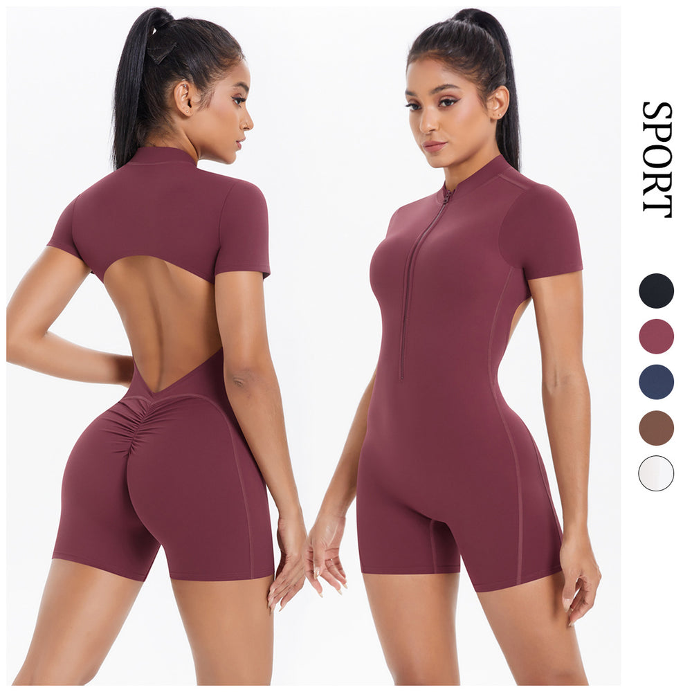 Large backless half open zipper short sleeve yoga jumpsuit dance fitness jumpsuit nude tight sports jumpsuit