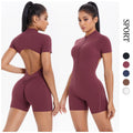 Large backless half open zipper short sleeve yoga jumpsuit dance fitness jumpsuit nude tight sports jumpsuit