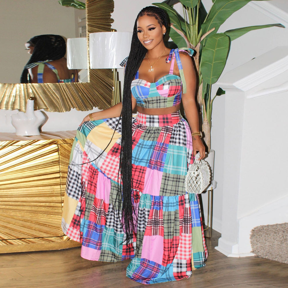 Amazon   summer new women's fashion plaid print tie-waist maxi skirt two-piece set