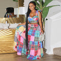 Amazon   summer new women's fashion plaid print tie-waist maxi skirt two-piece set