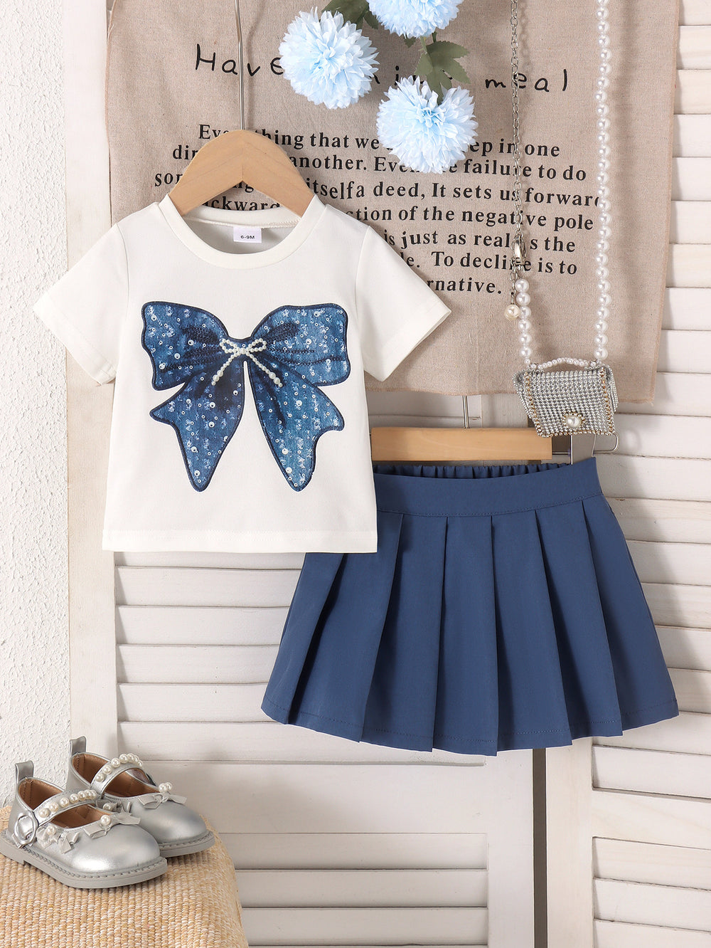 Children's clothing cross-border european and american girl white short-sleeved t-shirt blue skirt baby two-piece set