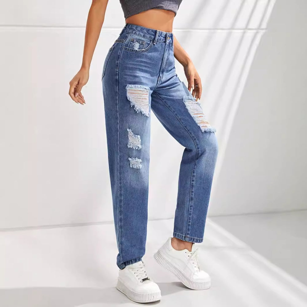 Pre-sale-15065# cross-border fashion casual slimming look ripped straight jeans pants for men and women