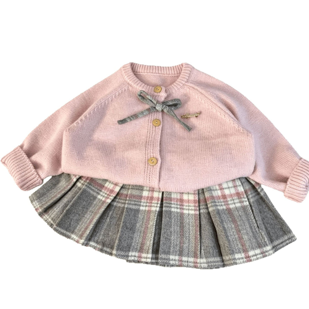 Girls' outfit:  new korean style pink knit cardigan sweater and plaid pleated skirt two-piece set