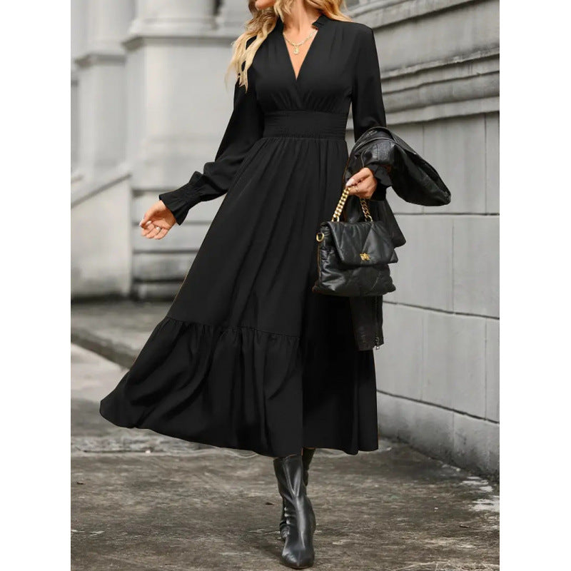 Shipped:  new european and american style women's elegant solid color v-neck long sleeve maxi dress