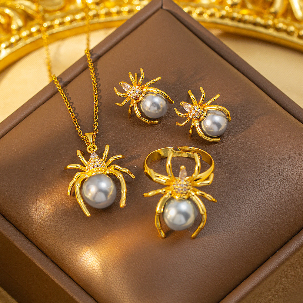 [titanium steel] cross-border hot-selling pearl spider necklace women's personalized fashion earrings ring high-end set accessories