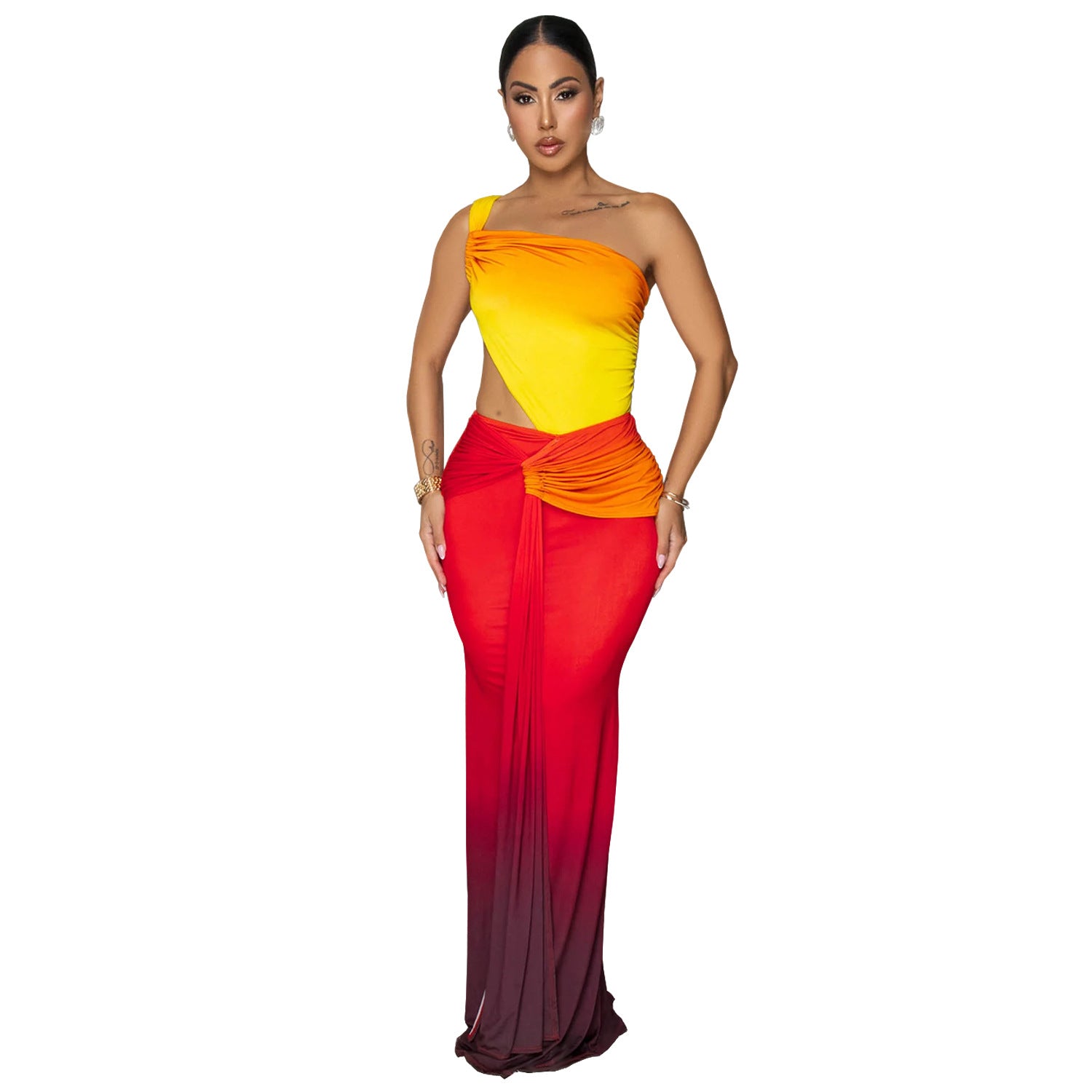 C7473    European and American fashion women's clothing summer sexy slanted shoulder bag arm gradual change dress