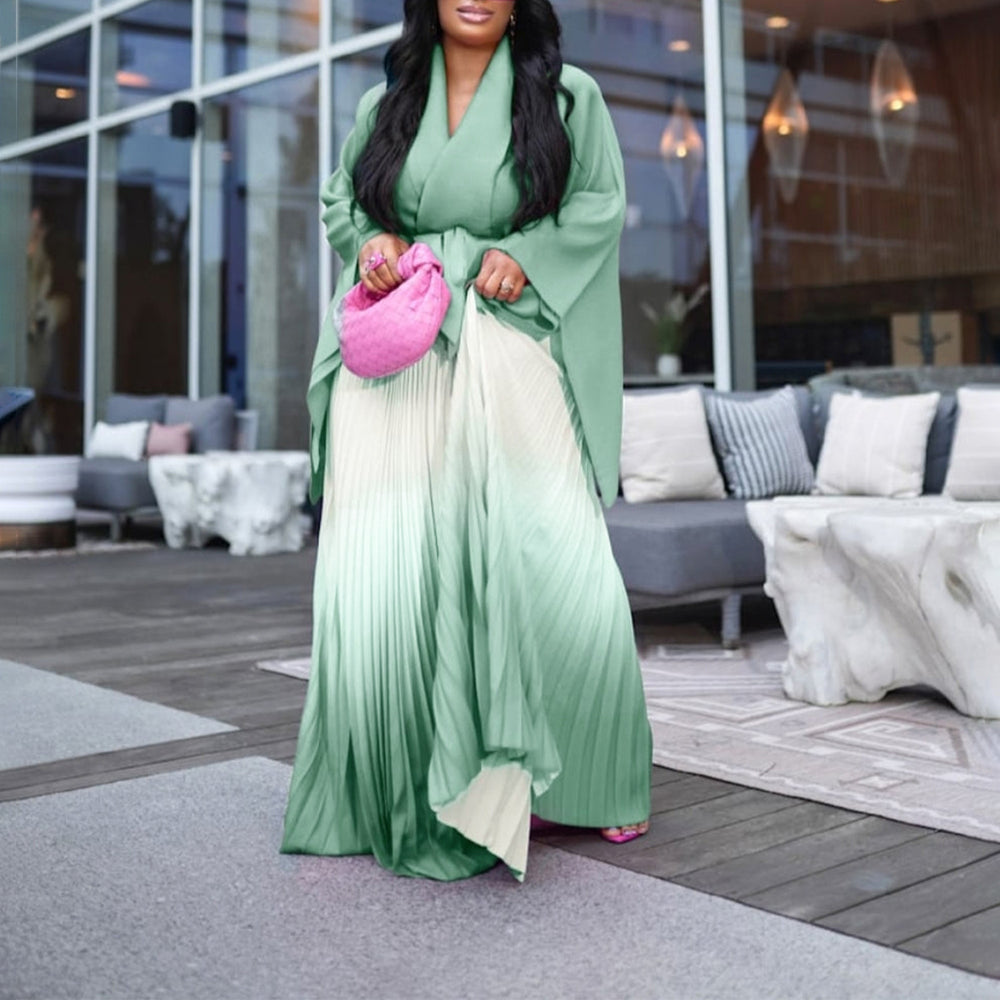 D3297 cross-border fashion african pleated asymmetrical tie-up top gradient midi skirt two-piece set for export