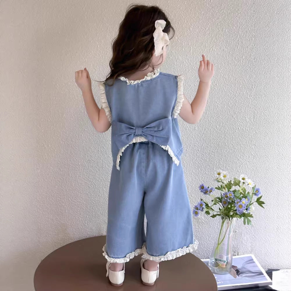 【dropshipping】girls' summer denim outfit  new style kids' tank top wide leg pants fashionable two-piece set baby