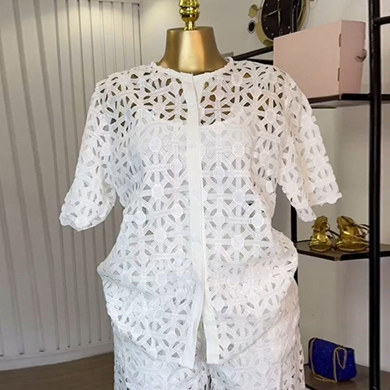 European and american cross-border women's fashion  summer new collection: stylish round neck hollow-out short sleeve shirt and wide leg shorts casual set