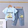 New boys' casual summer outfit set: cartoon elephant excavator print, 100% cotton short-sleeve tee + denim jeans - wholesale