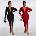 C7118 cross-border   fashion women's bodycon v-neck slit solid color dress - new arrival