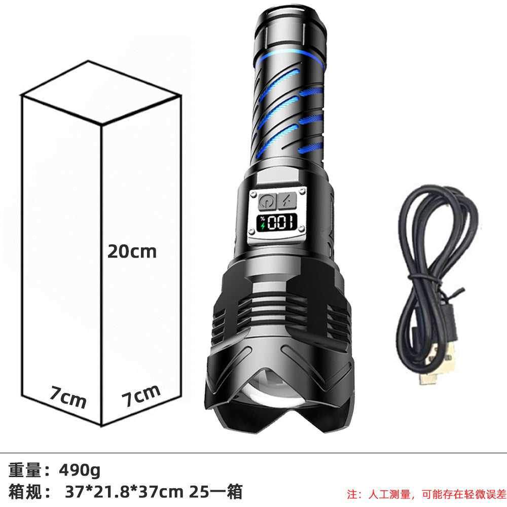Cross-border new upgraded digital display strong light flashlight, charging super bright double open outdoor special telescopic flashlight