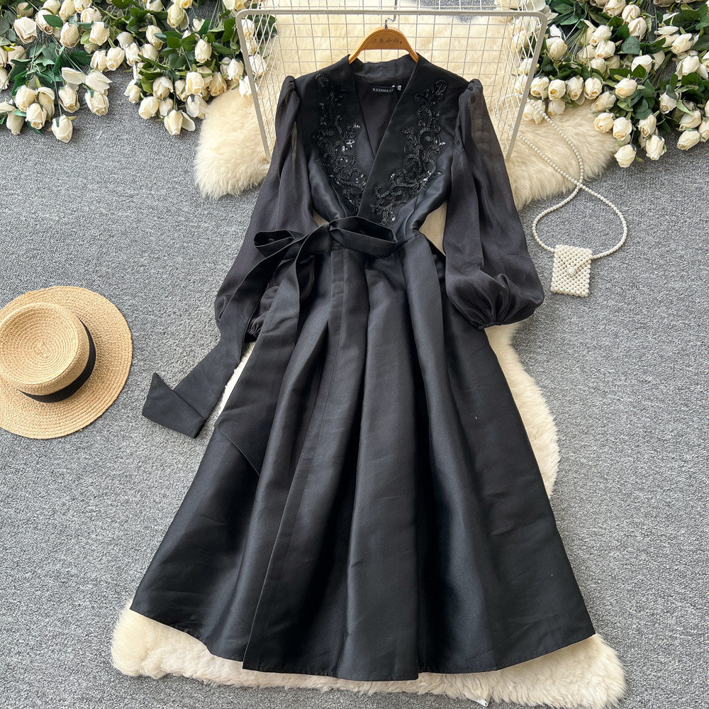 Luxury chic v-neck embroidered elegant dress - women's summer long sleeve tie-waist a-line dress - elegant and refined