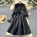 Luxury chic v-neck embroidered elegant dress - women's summer long sleeve tie-waist a-line dress - elegant and refined